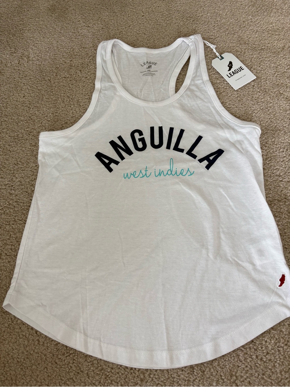 League White Tank with Black 'ANGUILLA' and Teal Script